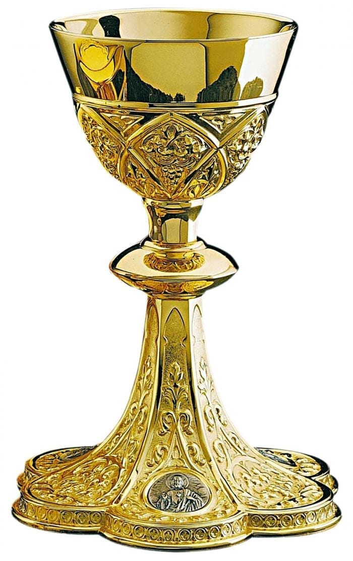 gothic chalice with gilded brass medallions embellished at the base with medallions with the figures of the Sacred Heart, Saint Joseph, Holy Mary, Jesus