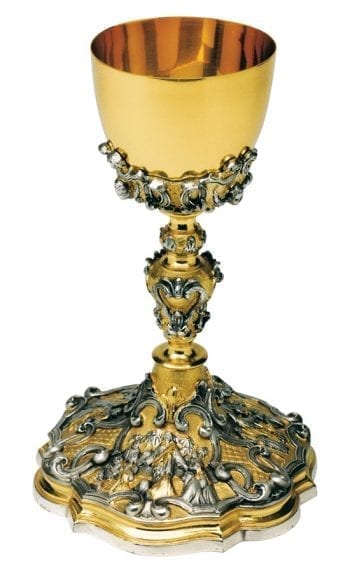Goblet "Miracles" Maranatha Lab baroque style in two-tone brass decorated with scenes of miracles at the base embossed