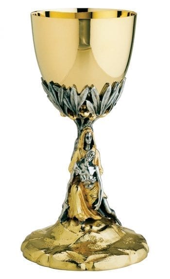 Maranatha Lab "Pietà" chalice in two-tone brass decorated with Pietà scene and olive leaves