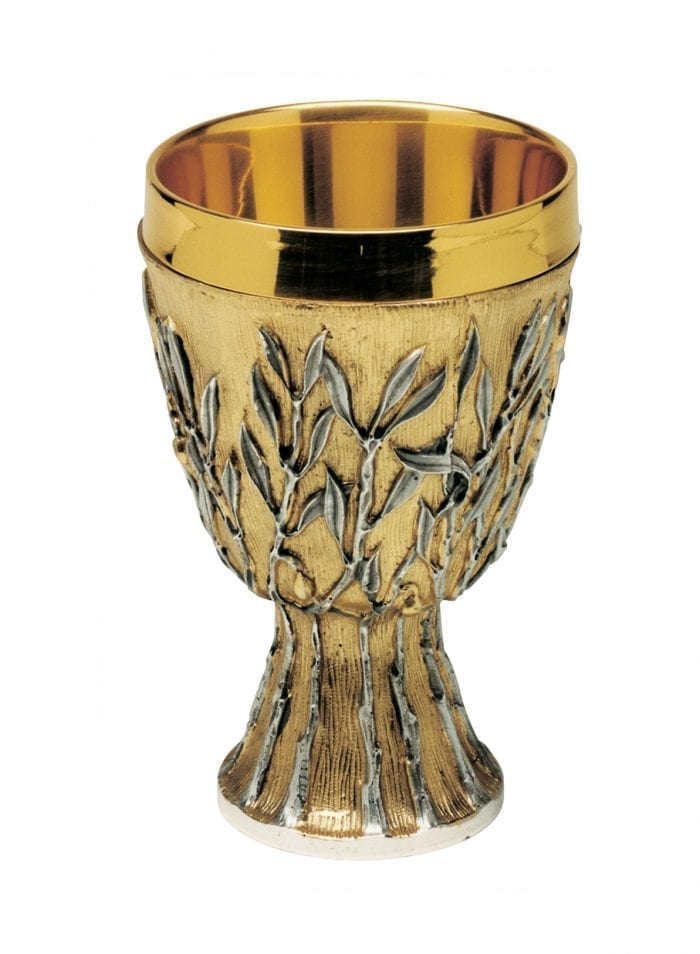 Maranatha Lab "Ulivo" chalice in two-tone brass decorated with olive branches made of lost wax casting