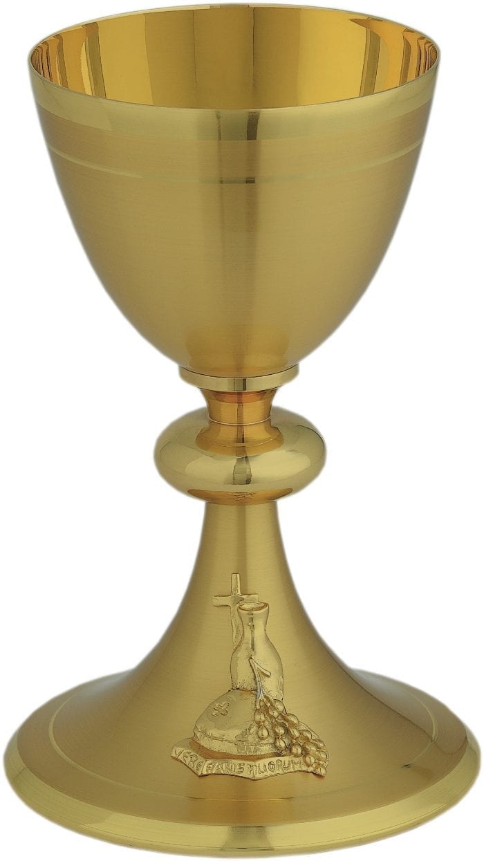 Calice “Geremia” Maranatha Lab stile classico in ottone dorato satinato e sbalzo di simboli eucaristici