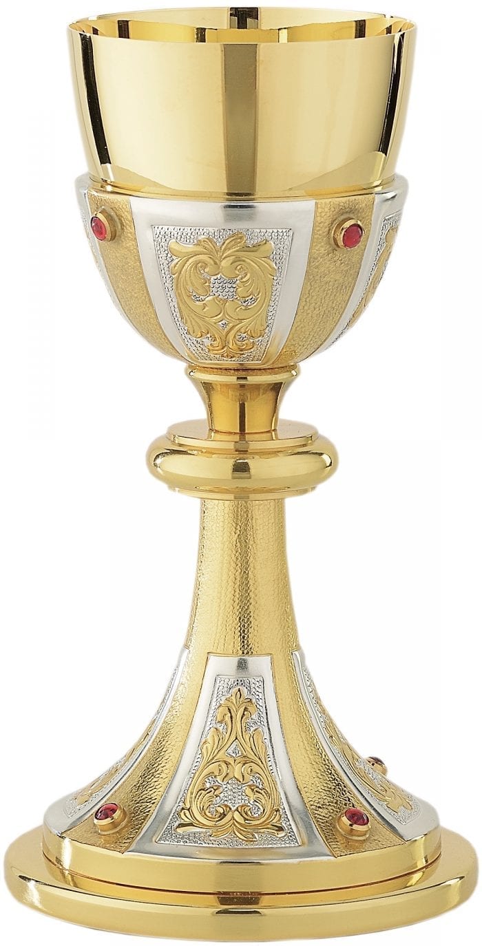 Maranatha Lab "Rubino" chalice in chiseled brass embellished with ruby red stones set in color