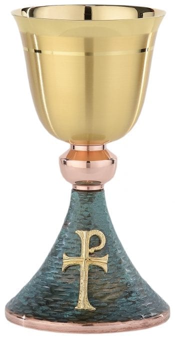 Calice "Crismon" Maranatha Lab in brass with globe at the handle and base decorated with Chi-Ro symbol