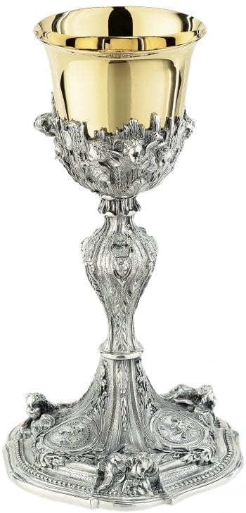 Calice "Assisi" Maranatha Lab stile barocco in ottone argentato decorato con figure angeliche