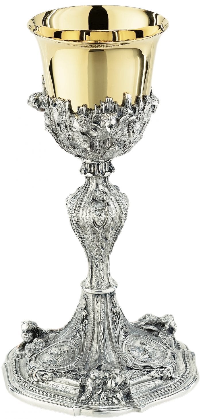 Calice "Assisi" Maranatha Lab stile barocco in ottone argentato decorato con figure angeliche
