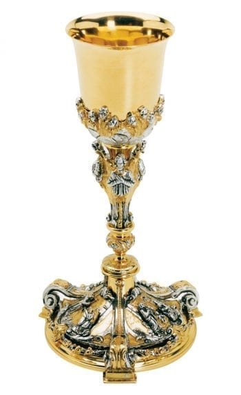 Calice "Quattro-Evangelisti Maranatha" Lab realizzato in stile barocco in ottone bicolore con coppa argento