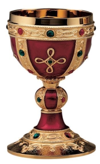 Visigothic brass chalice in Byzantine style made of gilded brass adorned with ruby red and emerald green stones and red enamelled cabouchon