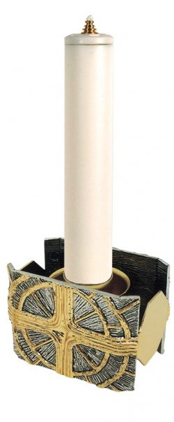 "Cross-Celtic" Maranatha Lab candlestick in fusion of two-tone brass decorated with golden crosses.