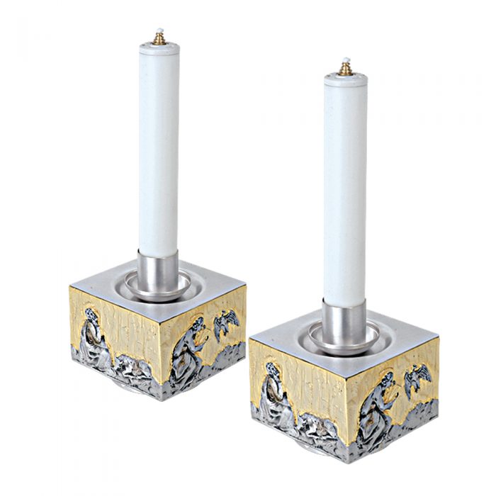 "Fidelity" candlestick Maranatha Lab in fusion of two-tone bronze, cubic in shape with symbols of the four evangelists
