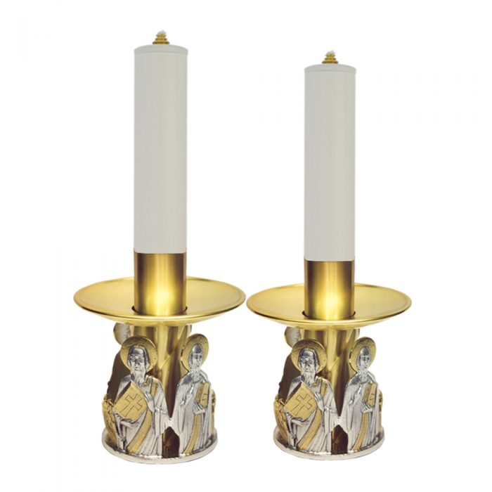 Candlestick "4-Evangelists" Maranatha Lab in two-tone brass with circular base and symbols of the four evangelists