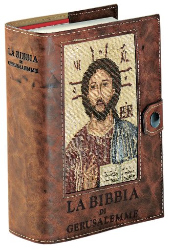 Copri bibbia "Pantocratore" in pelle con inserto in tessuto lavorato a telaio con effigie del Pantocratore