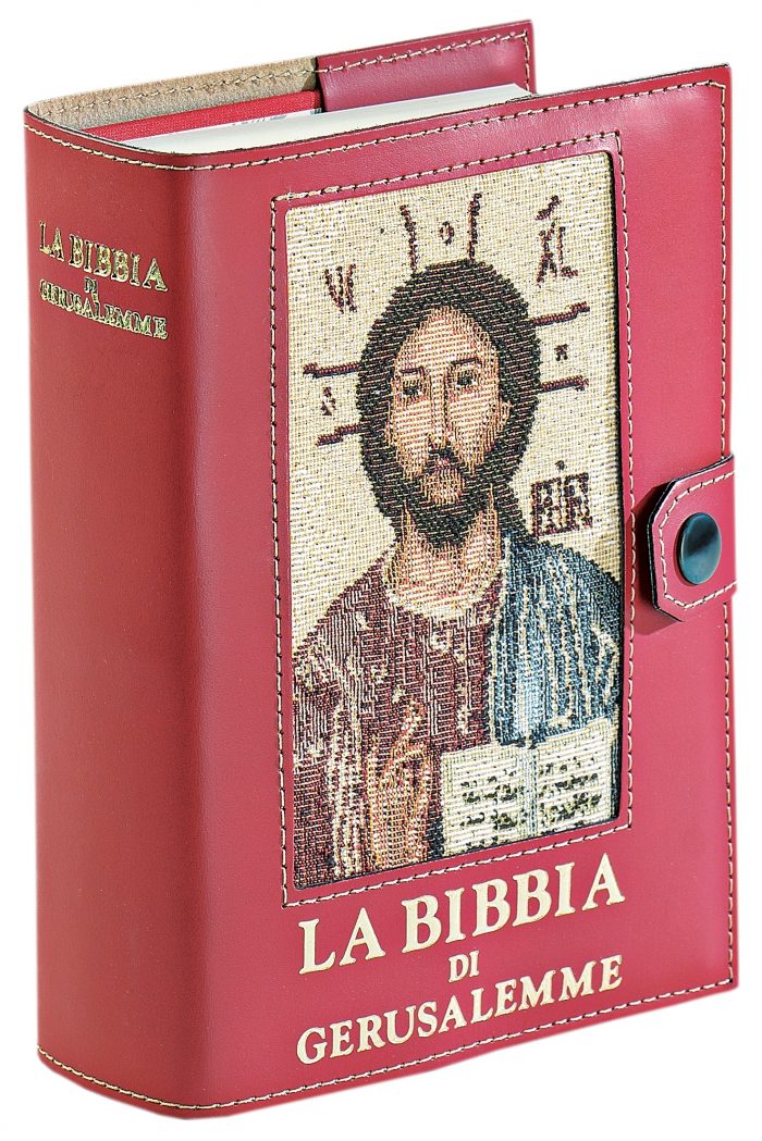 Red bible cover "Pantocratore" leather with frame fabric insert with Pantocratore effigy