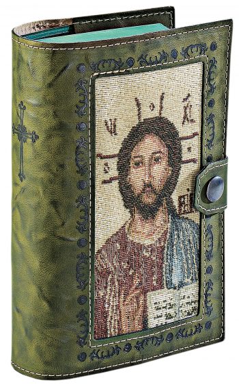 Copri breviario “Cristo Pantocratore” realizzato in pelle incisa con inserto in tessuto lavorato a telaio con effigie del Cristo
