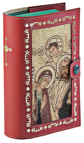 Copri breviario “Sacra Famiglia” realizzato in pelle liscia con inserto in tessuto a telaio con effigie della Sacra Famiglia