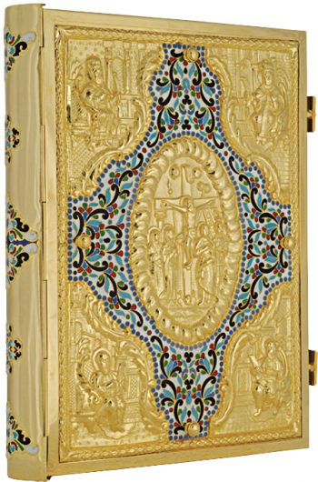 Maranatha Lab "Luca" lectionary cover in chiseled and glazed golden brass with bright colors