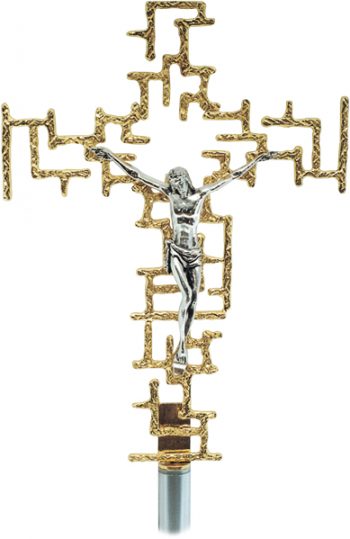 Croce astile "Moderna" Maranatha Lab in fusione di ottone dorato decorata con motivi a griglia traforata