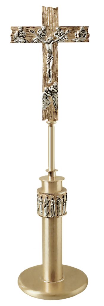 "Davinci" Maranatha Lab two-tone brass cross decorated with evangelical scenes and embossed background