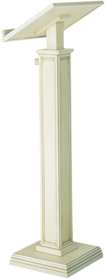 Solid wood white stem lectern with square section base and stem, decorated with moldings