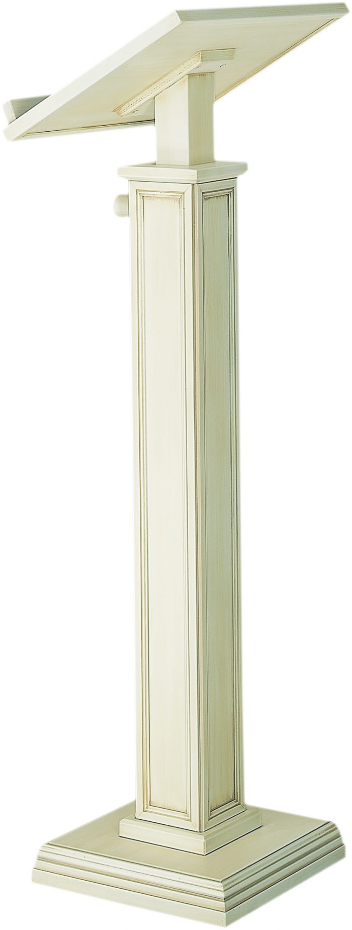 Leggio a stelo bianco in legno massello con base e stelo a sezione quadrata, decorato con modanature