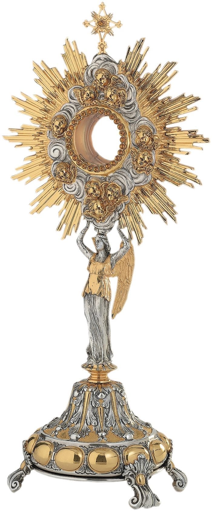 Ostensorio "Angelo" Maranatha Lab barocco in fusione bicolore con statua angelica all'impugnatura e testine di angeli