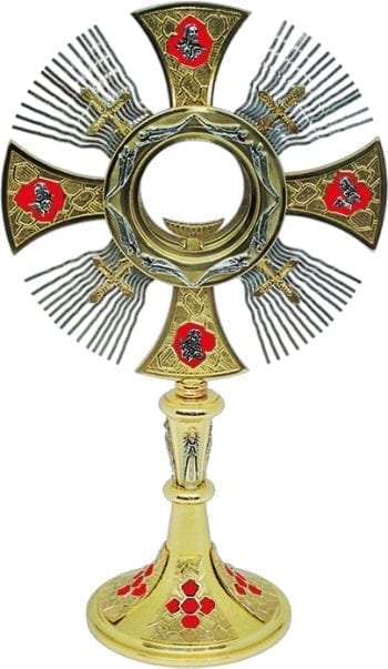 Ostensorio "Luca" Maranatha Lab in ottone bicolore con decori smaltati e simboli dei quattro evangelisti