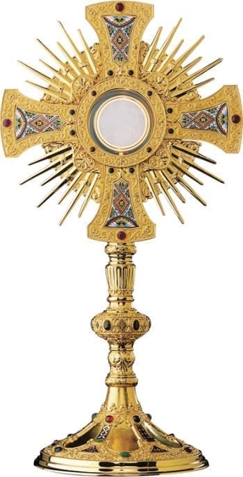 Romanesque St. Remy monstrance in solid silver hand-chiseled and embellished with cloisonné fire-enamelled decorations and setting of 40 natural stones