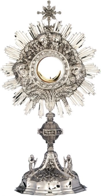 Ostensorio "Sanctus" Maranatha Lab stile barocco in argento cesellato a mano e statue angeliche