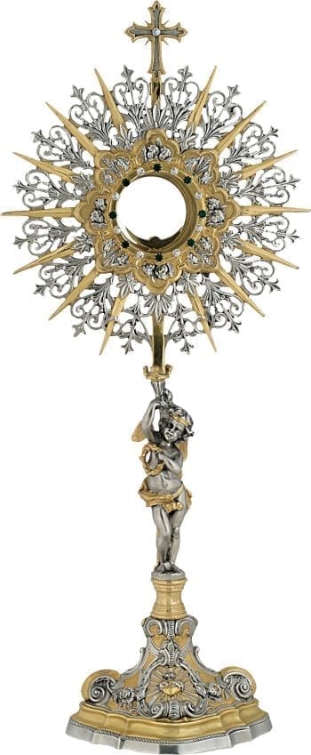 Ostensorio "Angeli" Maranatha Lab stile barocco con scultura angelica e cristalli bicolore incastonati