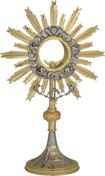 Ostensorio "Ghirlanda" Maranatha Lab stile classico in ottone bicolore cesellato a mano con riporti in bronzo