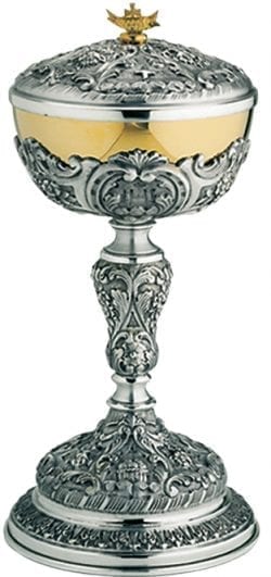 Pisside in argento "Pax" in stile barocco finemente incisa e sbalzata a mano con diversi simboli religiosi