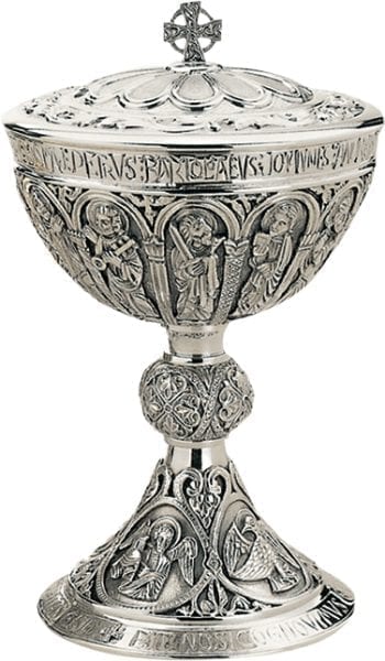 Pisside in argento "Apostoli" in stile romanico cesellata a mano con effigie dei 12 Apostoli e simboli dei 4 evangelisti