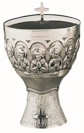 Cenacle pyx in silver-plated brass casting with a minimal and elegant design and decorated on the cup with the scene of the Last Supper