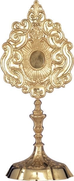Reliquiario in fusione d'argento dorato finemente cesellato e impreziosito da stilemi barocchi