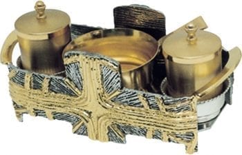Sevizio-Battesimo "Celtica" Maranatha Lab in fusione di bronzo con vassoio bicolore decorato con motivi cruciformi