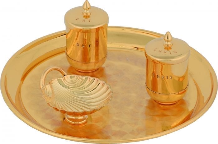 Servizio-Battesimo "Fiducia" Maranatha Lab in ottone dorato lucido con vasetti, conchiglia battesimale e vassoio ovale