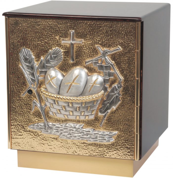 Tabernacle "Cena" Maranatha Lab with solid wood case and brass door decorated with symbols of bread and wheat