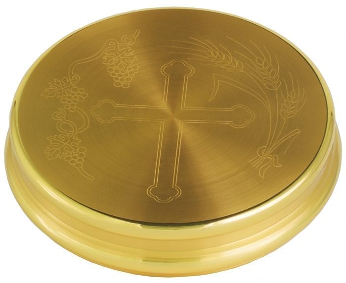 Maranatha Lab Eucharistic Theca in satin gilded brass, decorated with engraving of Eucharistic symbols