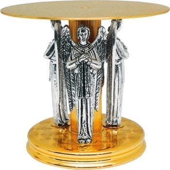 Tronetto "Tre-Angeli" Maranatha Lab in two-tone brass, circular base and pedestal consisting of statues of angels