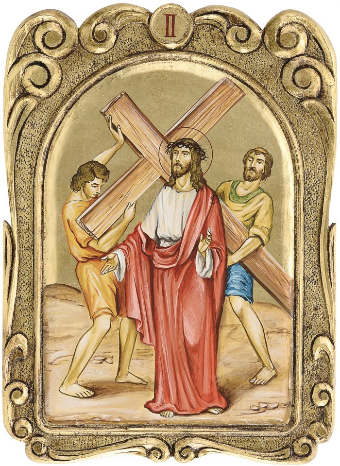 Via Crucis in legno dipinto con cornice tornita finita e rifinita in foglia oro e stazione dipinta in policromia