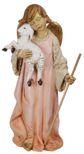 Angelo con agnello Fontanini statua in resina dipinta a mano ad effetto legno