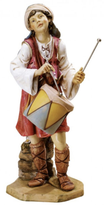 Bambino con tamburo Fontanini statua in resina dipinta a mano ad effetto legno