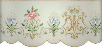 Bordo "Gigli&Rose" Maranatha Lab mariano per tovaglia in tessuto moella ricamato con motivi floreali e simbolo mariano