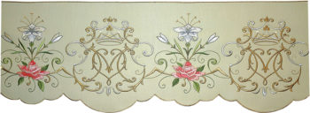 Bordo "Regina-Coeli" Maranatha Lab in tessuto moella ricamato con simboli mariani e decori floreali