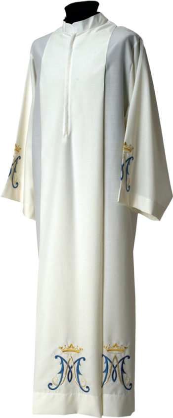 Camice "Aurora" Maranatha Lab in tessuto misto lana con ricamo diretto di simbolo mariano sulle estremità.