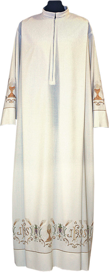 Camice “Bartolomeo” Maranatha Lab in tessuto misto lana ricamato ai bordi con simboli eucaristici policromi