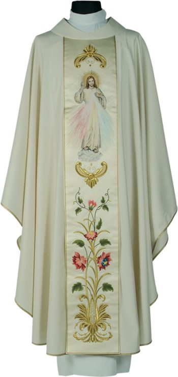 Casula "Misericordia" Maranatha Lab in tessuto fresco lana con stolone ricamato a motivi floreali ed effigie di Gesù Misericordioso