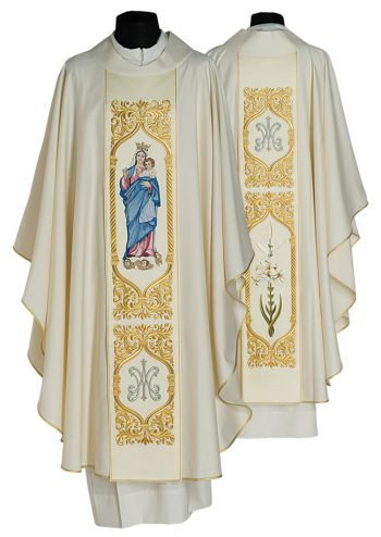 Casula “Madonna-Ausiliatrice” Maranatha Lab in fresco lana impreziosita, ambo i lati, da stolone ricamato in oro e figura della Vergine Maria