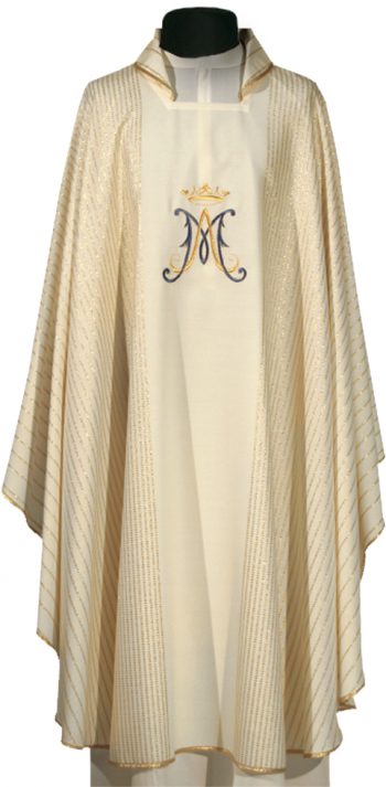 Casula "Maddalena" Maranatha Lab in lana con ricamo diretto mariano impreziosita da tessitura lineare dorata.