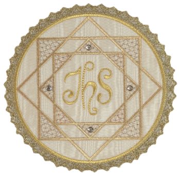 Copricalice "Gloria" Maranatha Lab in tessuto moirè, decorato con ricamo diretto in oro di simbolo JHS e gemme.