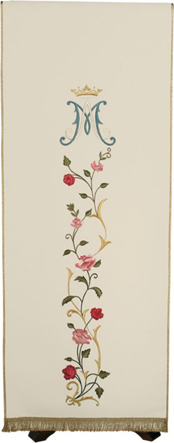 Coprileggio "Tralcio" Maranatha Lab in tessuto micromonastico con ricami diretti mariani e motivi floreali.